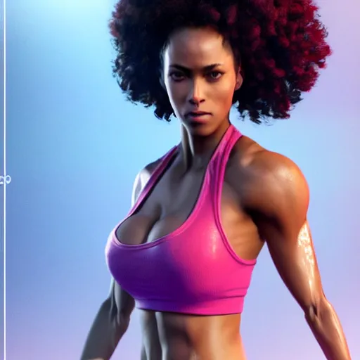 Prompt: 3 d render of a full female body, a mulatto woman with an afro, cruel hazel eyes, very fit body, wearing fitness gear, dead or alive 6, tekken 7, rumble roses, muscular legs, highly detailed, artstation, super realistic, unreal engine