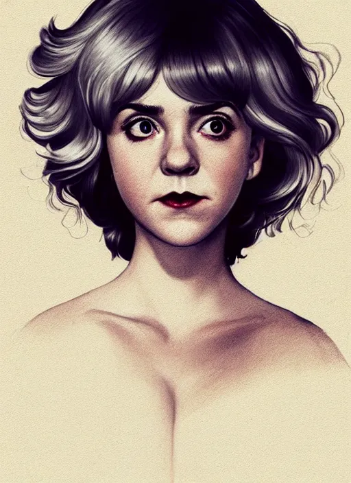 Image similar to full body portrait, kiernan shipka as sabrina spellman, white hair, obese, bangs, sultry, realistic, sultry smirk, fluffy bangs, curly bangs, fat, belly, intricate, elegant, highly detailed, digital painting, artstation, concept art, smooth, sharp focus, illustration, art by wlop, mars ravelo and greg rutkowski