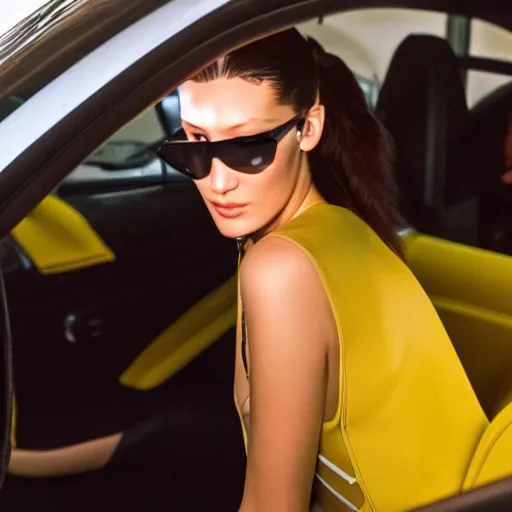 Prompt: bella hadid inside her ferrari roma in sao paulo, very details, photorealistic, dynamic light, ultra realistic, phone photo