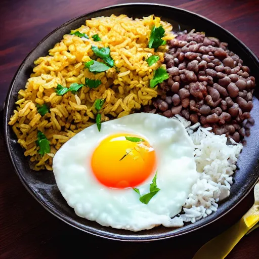 Image similar to A delicious plate of beans and rice, egg, garnish, food photography, michilin star