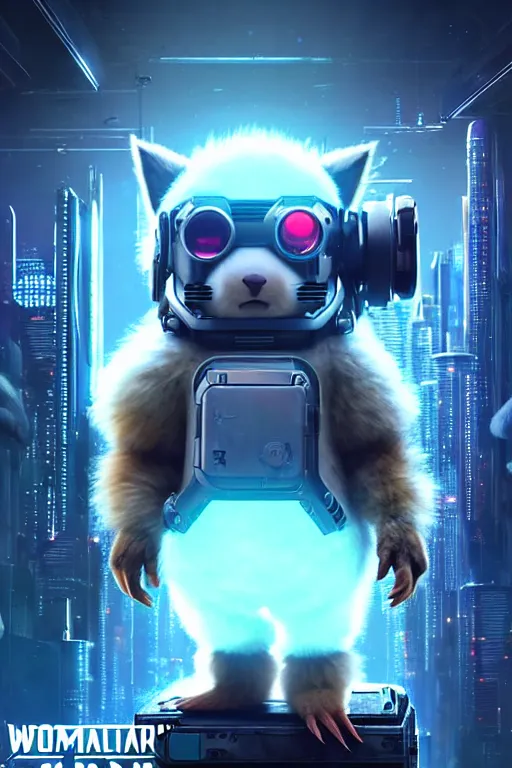 Image similar to high quality video game sci - fi very cute fluffy! wombat!! cyborg soldier with futuristic mechanical parts, cyberpunk monocle!, highly detailed, unreal engine cinematic smooth, in the style of detective pikachu, hannah yata charlie immer, dark blue neon light, low angle, uhd 8 k, sharp focus