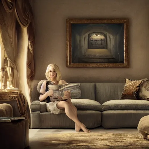 Image similar to beautiful blonde woman in her 4 0 s sat with feet up on sofa reading a magazine, hyper detailed, dramatic lighting, cgsociety, realistic, hyper detailed, insane details, intricate, dramatic lighting, hypermaximalist, golden ratio, rule of thirds, octane render, weta digital, micro details, ultra wide angle, artstation trending, 8 k,