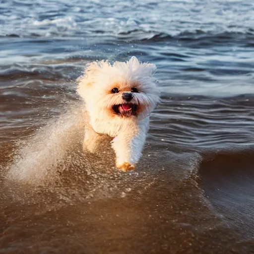 Image similar to a closeup photorealistic photograph of a cute smiling tiger bichon puppy splashing in the surf during sunset. professional capture, well lit shot. this 4 k hd image is trending on artstation, featured on behance, well - rendered, extra crisp, features intricate detail, epic composition and the style of unreal engine.