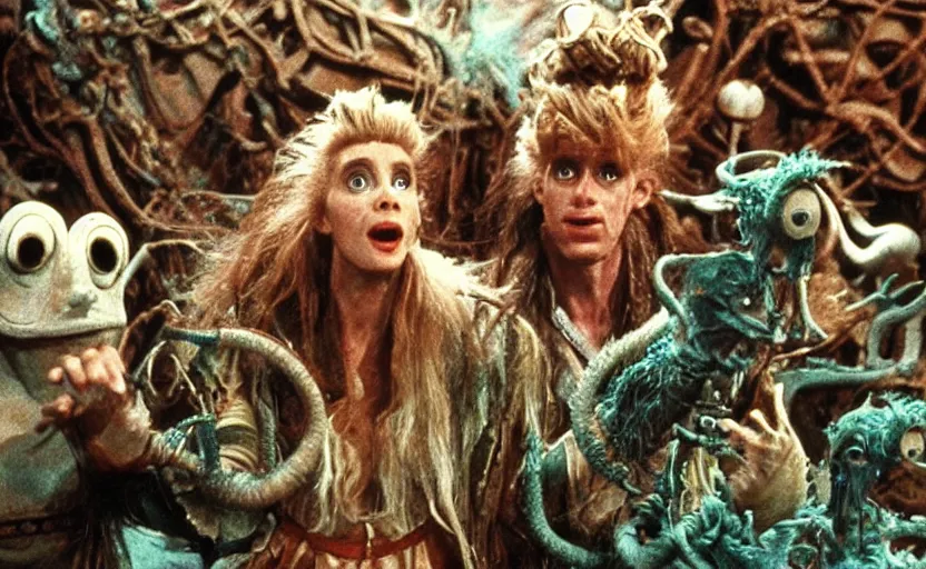 Image similar to movie still from the 1 9 8 8 sequel to labyrinth by jim henson's creature shop starring realistic practical - effects wondrous creatures and humanoids in a maze - like steampunk fortress on an alien planet. fantasy adventure.