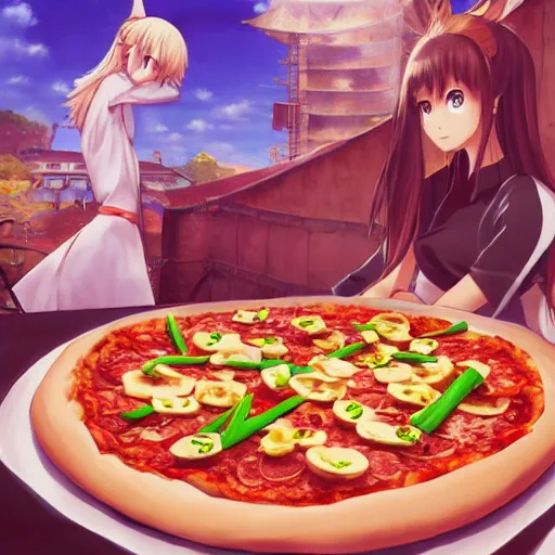 Image similar to pizza with banana topping, anime fantasy illustration by tomoyuki yamasaki, kyoto studio, madhouse, ufotable, square enix, cinematic lighting, trending on artstation