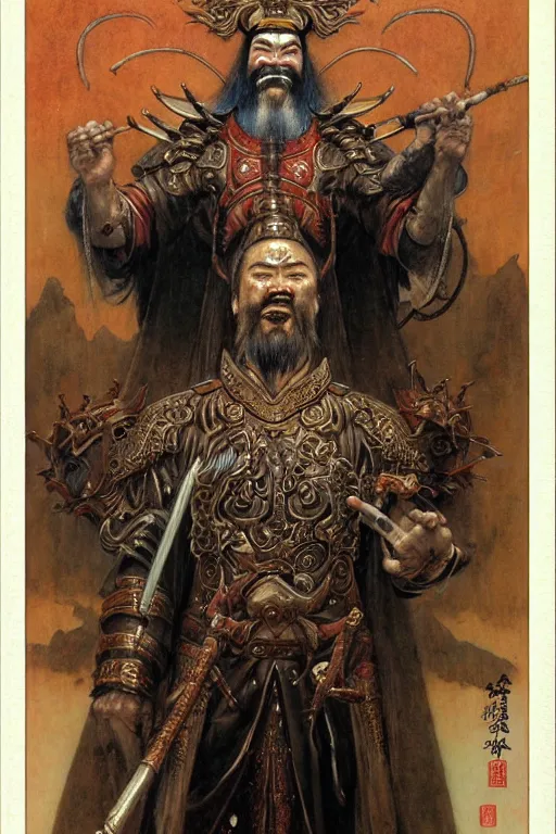 Prompt: a portrait of guan yu by wayne barlowe, gustav moreau, goward,  Gaston Bussiere and roberto ferri, santiago caruso, and austin osman spare, ((((occult art))))