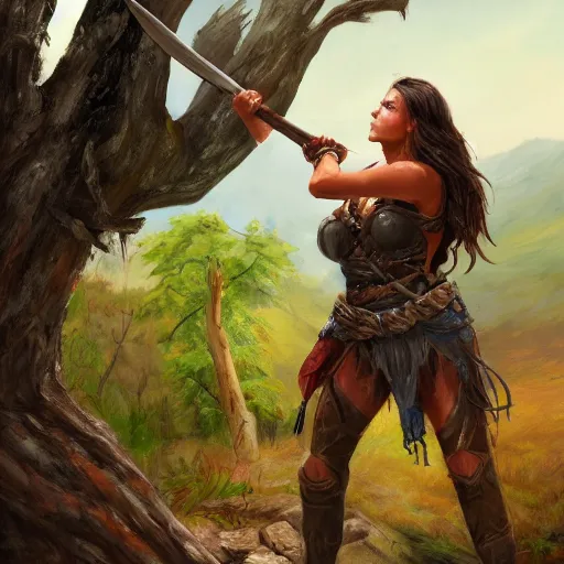 Image similar to a warrior woman in rests an axe on her shoulder, she is grabbing a nearby tree, looking onto the horizon, next to her is a wolf companion, fall, mountain landscape, portrait by magali villeneuve, 4 k, artstation, realistic, magic the gathering