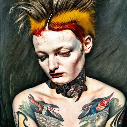 Image similar to high quality high detail painting by lucian freud, hd, exaggerated portrait of punk tattooed girl, photorealistic lighting