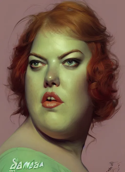 Prompt: A beautiful portrait of 400-pound obese Emma Stone as 400-pound obese Poison Ivy from Batman movie, digital art by Eugene de Blaas and Ross Tran, vibrant color scheme, highly detailed, in the style of romanticism, cinematic, artstation, Greg rutkowski