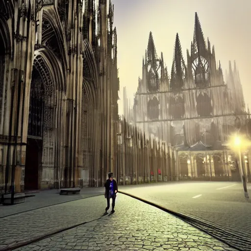 Image similar to super mario walking next to the cathedral of cologne, germany, volumetric lighting, sharp focus, ultra detailed, cgsociety - w 1 0 2 4 - n 8 - i