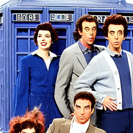 Prompt: jerry seinfeld, kramer, george and elaine piloting the tardis