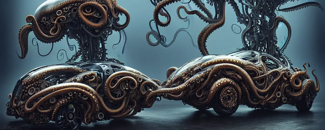 Image similar to biomechanical shiny vehicle reminiscent of bugatti chiron with (glowing) lights and octopus tentacles parked in ancient mystic woods, gothic and baroque, brutalist architecture, ultradetailed, creepy ambiance, fog, artgerm, giger, Intricate by Ellen Jewett and Josan Gonzalez and Giuseppe Arcimboldo