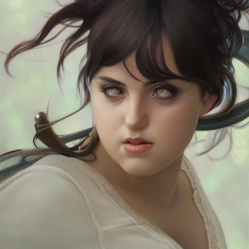 Image similar to ultra realistic illustration, skinny rebel wilson anime, intricate, elegant, highly detailed, digital painting, artstation, concept art, smooth, sharp focus, illustration, art by artgerm and greg rutkowski and alphonse mucha