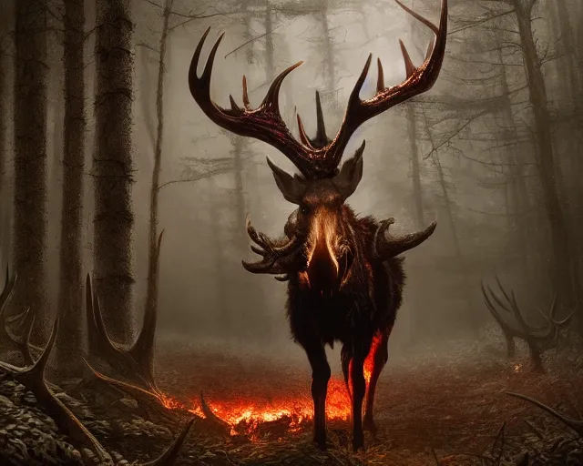 Prompt: 5 5 mm close up portrait photo of an armored demonic burning moose with red eyes and antlers and looking at the camera, in a magical forest. dark atmosphere. art by greg rutkowski and luis royo. highly detailed 8 k. intricate. lifelike. soft light. nikon d 8 5 0.