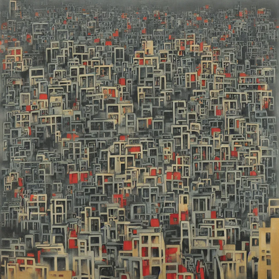 Image similar to a painting of abstract buildings like hongcun ancient village houses by yves tanguy