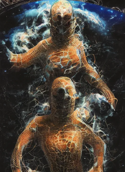 Image similar to astronauts in dark and empty void underwater - complex and hyperdetailed technical suit. reflection and dispersion materials. rays and dispersion of light. volumetric light. 5 0 mm, f / 3 2. noise film photo. flash photography. ultra realistic, wide angle. poster by wayne barlowe, hajime sorayama aaron horkey, craig mullins