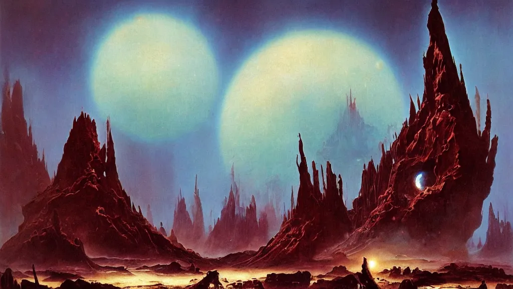 Image similar to surreal eerie alien planet empire by frank frazetta and bruce pennington, cinematic matte painting