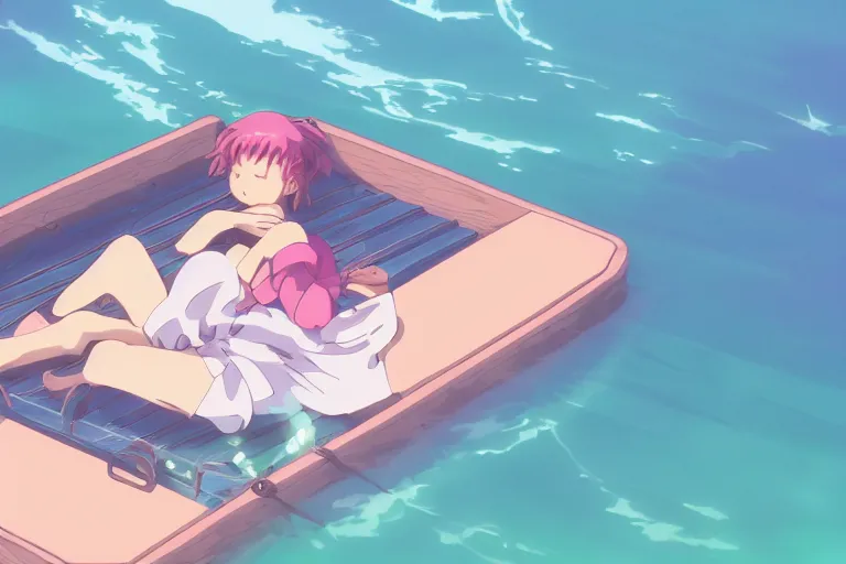 Prompt: a cute anime woman sleeping on a raft, misty, glows, by studio ghibli, anime, hazy, foggy, ambient lighting, 8 k, neon, synthwave,