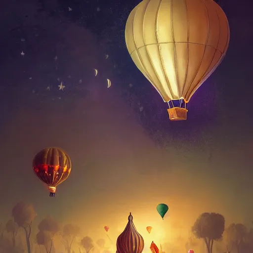 Image similar to a beautiful stunning fantasy whimsical matte digital illustration of a hot - air balloon race at night by marc simonetti, pastel color palette, disney steampunk, chiaroscuro magical bokeh moon stars, trending on artstation hq, masterpiece