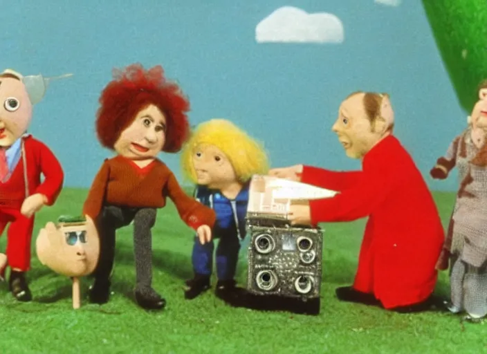 Image similar to a scene from a 1 9 8 0 s british kids tv programme by the bbc and oliver postgate, stop motion animation, postman pat, vhs distortion, folk horror, hauntology