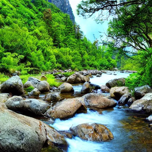 Image similar to a beautiful landscape, river, rocks, trees, lush vegetation