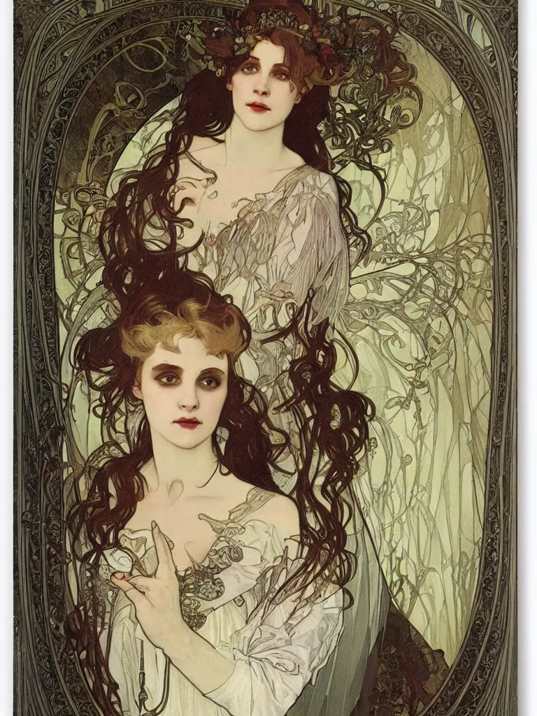 Image similar to realistic detailed portrait of a gothic bride in the mirror, god ray behind,, scary style, by alphonse mucha