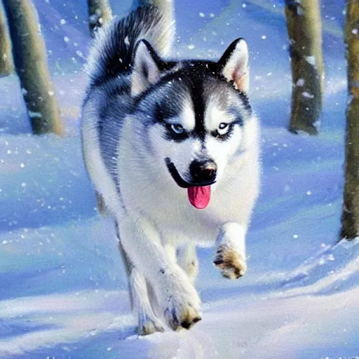 Image similar to huskey dog running in white snow, oil painting, detailed, natural light, extra crisp, realistic