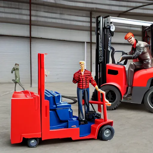 Image similar to ken doll in construction gear, driving a fork - lift, in front of a large warehouse, barbie - doll is at the car