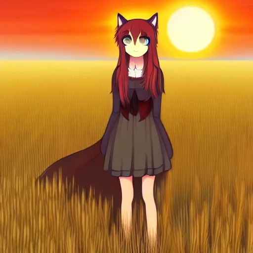 Prompt: digital illustration of Holo from Spice and Wolf standing in a wheat field at sunset, Holo is a wolf girl, high detail, trending on pixiv