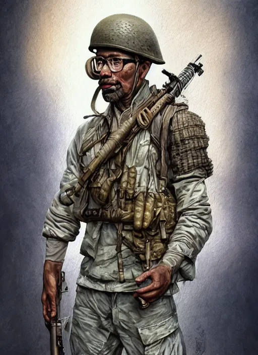 Image similar to handmade character portrait of a vietnam war american soldier covered in amaratyllis, hydrangea, chrysanthemum and hyacinth, in the style of artgerm and enki bilal and bastien lecouffe - deharme, wlop, line art, watercolor, cinematic lighting, hyperdetailed, hyperrealistic