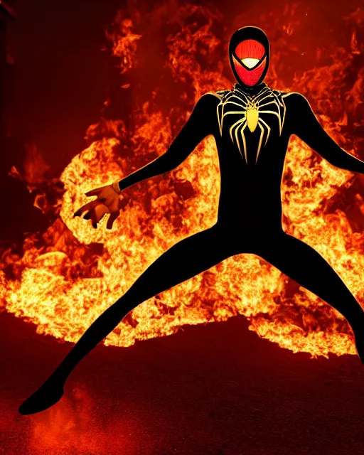 Image similar to photograph of a black and gold suit spider - man stood infront of a blazing inferno, dslr, cinematic, volumetric lighting, 8 k resolution, photorealistic