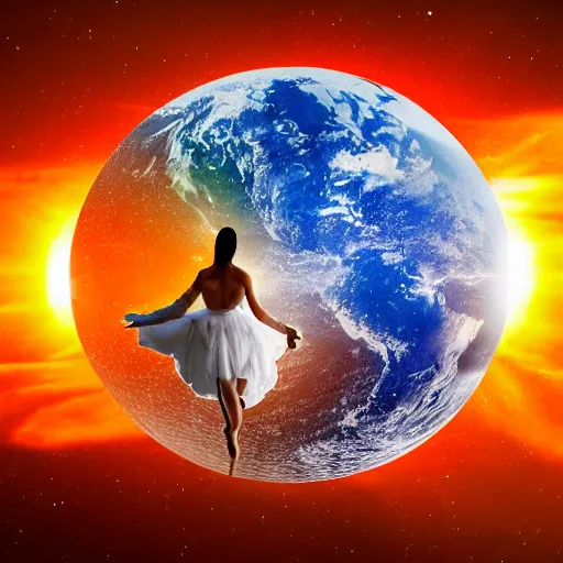 Image similar to a swan - human hybrid dancing on the moon, with the earth and the sun in the background. the earth and the sun are punching each other. space photography