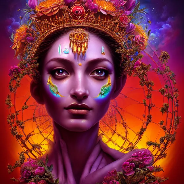 Image similar to Beautiful 3d render of the flower queen goddess in a sensual pose, centered, symmetry, with the third eye on her forehead, painted, intricate, volumetric lighting, beautiful, rich deep colours masterpiece, sharp focus, ultra detailed, in the style of Dan Mumford and marc simonetti, with a clear crowded futuristic cyberpunk dubai city in the background, astrophotography