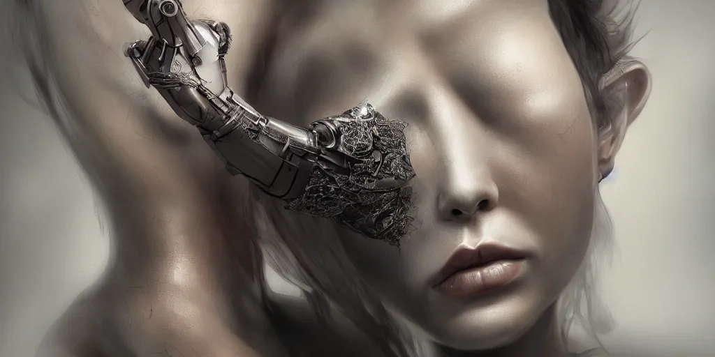 Image similar to hyper realistic photography of a stunningly beautiful cyborg female, elbow, intimate, holding close, in the style of beth cavener, jin kagetsu, wlop, rankin, highly detailed, intricate filigree, symmetry, masterpiece,, concept art, highkey lighting, ambient lighting, octane render, 8 k, artstation