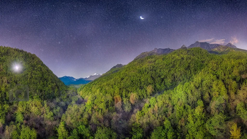 Image similar to Panoramic photo where the mountains are towering over the valley below their peaks shrouded in mist. The moon is just peeking over the horizon and the sky dark purple. The sky is blanketed with shiny stars. The river is winding its way through the valley and the trees are a vivid green