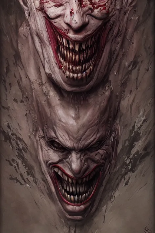 Prompt: Portrait of distorted, laughing, grotesque Joker, chaos god, dc comics, dark, intricate, smooth, artstation, painted by Wayne Barlowe, Greg Rutkowski, Zdislav Beksinski