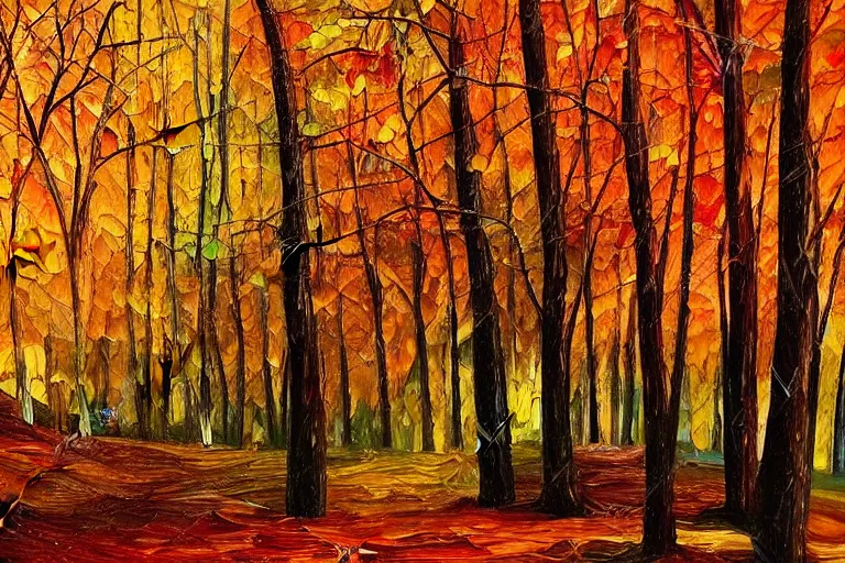 Image similar to oil painting of a forest in autumn, leafs falling, dramatic lighting, colorful, autumn colors