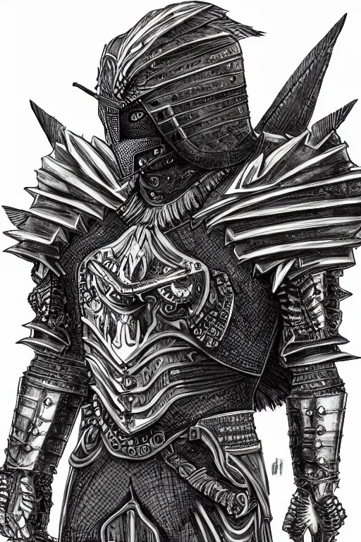 Image similar to armoured human, crow armour, symmetrical, highly detailed, digital art, black feathers, sharp focus, trending on art station, kentaro miura manga art style