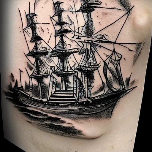 Image similar to realism tattoo design sketch of a pirate ship, by Sivak