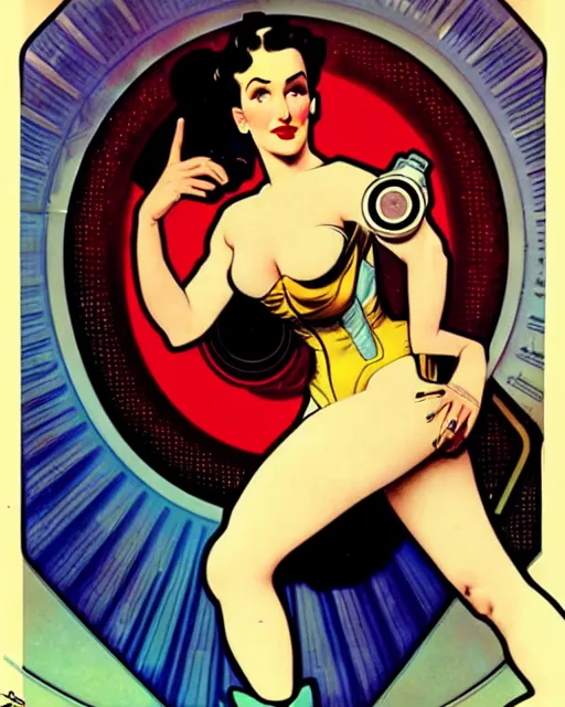 Image similar to a retro future science fiction pinup illustration of dita von teese, alphonse mucha, alberto vargas, gil elvgren, diesel punk.