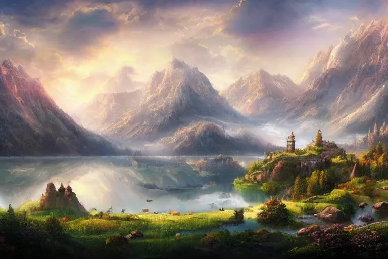 Image similar to a beautiful fantasy landscape with lakes and hills and mountains