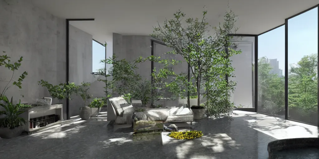 Prompt: new york penthouse designed by Geoffrey Bawa, greenery, small pond, granite floor, concept, octane rendering