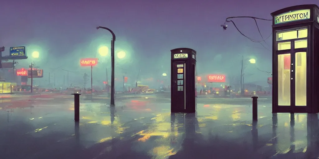 Prompt: dark, at night, panoramic view of a single phone booth on a rainy day, a 6 0 s gas station in the background, haze, behance hd by jesper ejsing, by rhads, makoto shinkai and lois van baarle, ilya kuvshinov, rossdraws global illumination, 8 k, artstation, unreal engine