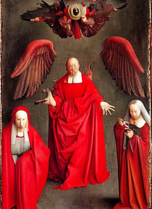 Image similar to fallen angels dressed in red with wings by Jan van Eyck, Hieronymus Bosch, Johannes Vermeer 4k post-processing, highly detailed medieval painting