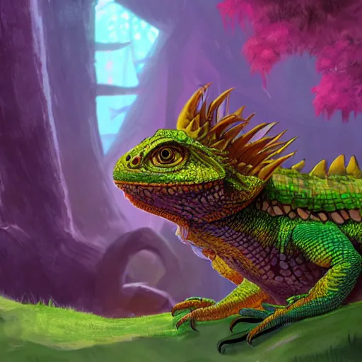 Image similar to concept art painting of an anthropomorphic bearded dragon scalie wearing magenta wizard robes, in the deep forest, realistic, detailed, cel shaded, in the style of makoto shinkai and greg rutkowski and james gurney