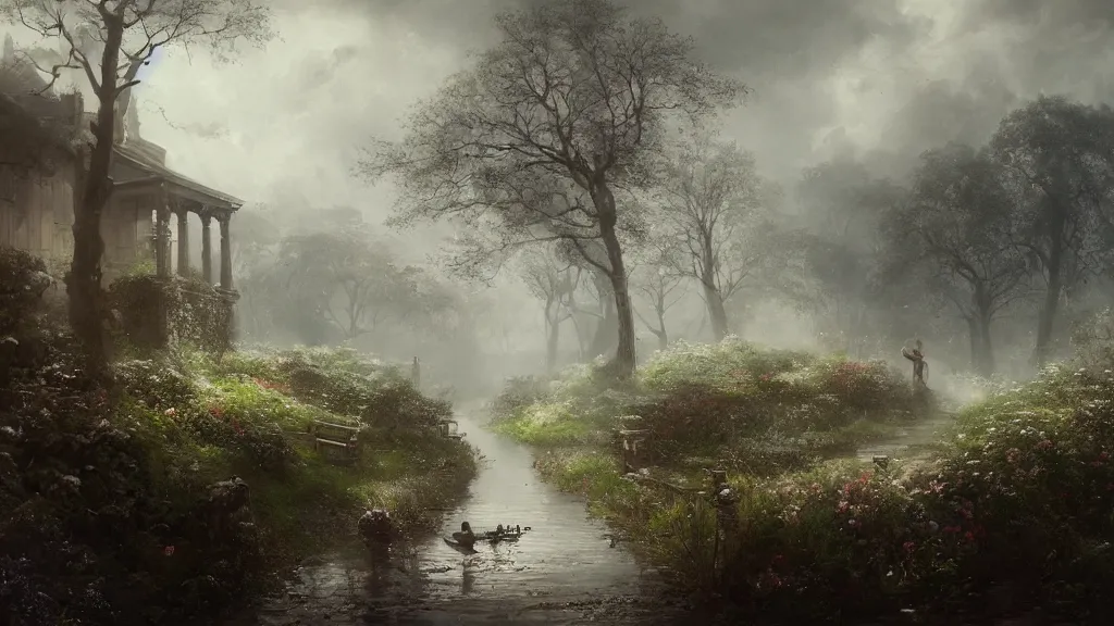 Image similar to this was the start of the journey, leaving the trimmed gardens and clipped hedges of home. andreas achenbach, artgerm, mikko lagerstedt, zack snyder, tokujin yoshioka