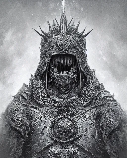 Image similar to a highly detailed character portrait of the Lich King, intricate, digital painting, artstation, intricate, concept art, smooth, sharp focus, illustration, art by Zdzislaw Beksinski