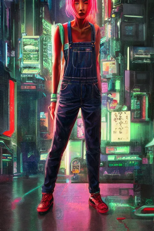 Image similar to a full body illustration of an Asian female cyberpunk character wearing dungarees, highly detailed, oil on canvas, soft lighting, neon pastel colors, by Glenn Fabry, HD, 4K