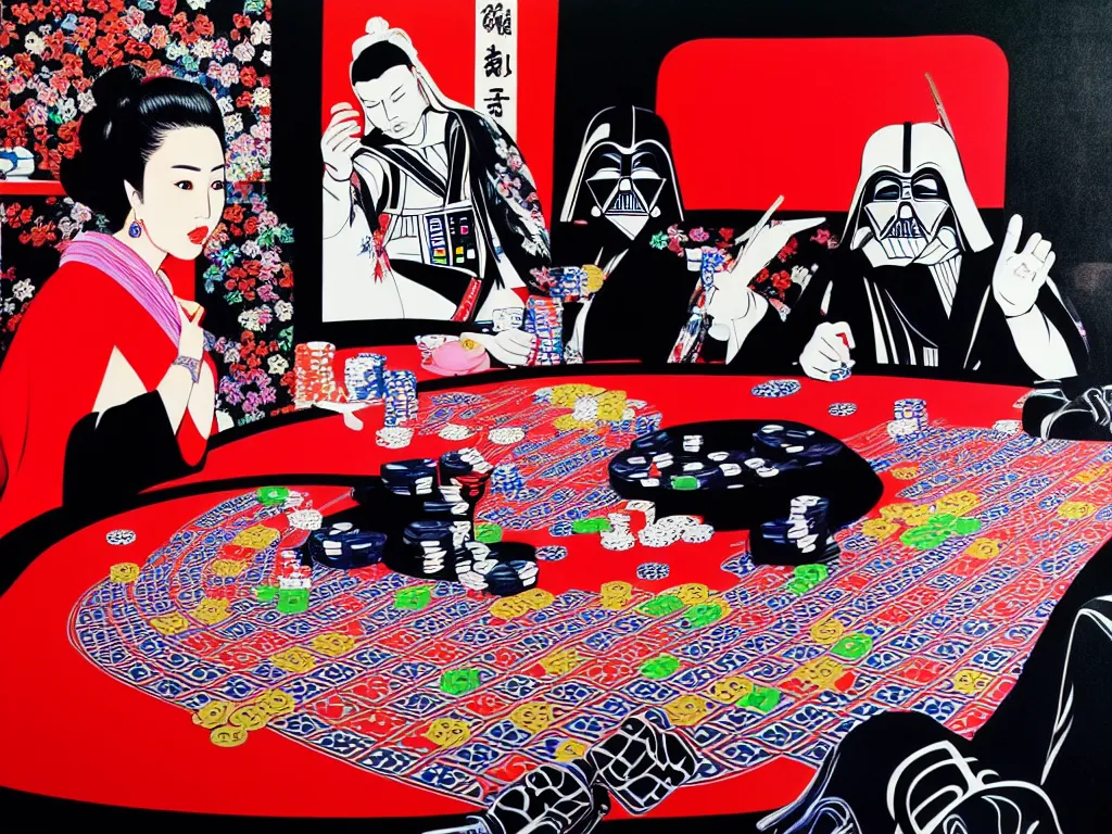 Image similar to hyperrealism composition of the detailed woman in a japanese kimono sitting at an extremely detailed poker table with darth vader, fireworks and folding screen on the background, pop - art style, jacky tsai style, andy warhol style, acrylic on canvas