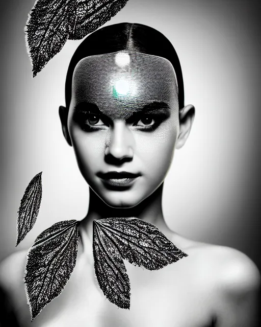 Image similar to black and white dreamy spiritual female water - insect - cyborg high quality portrait photo, microchip leaves, artificial intelligence, cinematic, rim light, photo - realistic, elegant, high detail, 8 k, masterpiece, high fashion, in the style of man ray